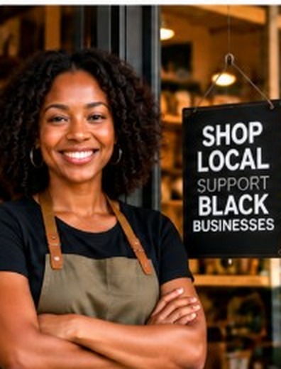 Black business owner in a green apron standing in front of a Shop Local Support Black Businesses sign