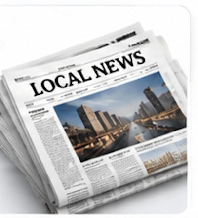 Stack of local newspapers with a city skyline on the cover